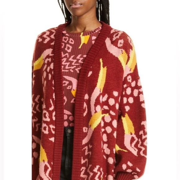FARM Rio Cardigan M Toucanissimo Belted Longline Red Burgundy Cozy - Picture 2 of 8